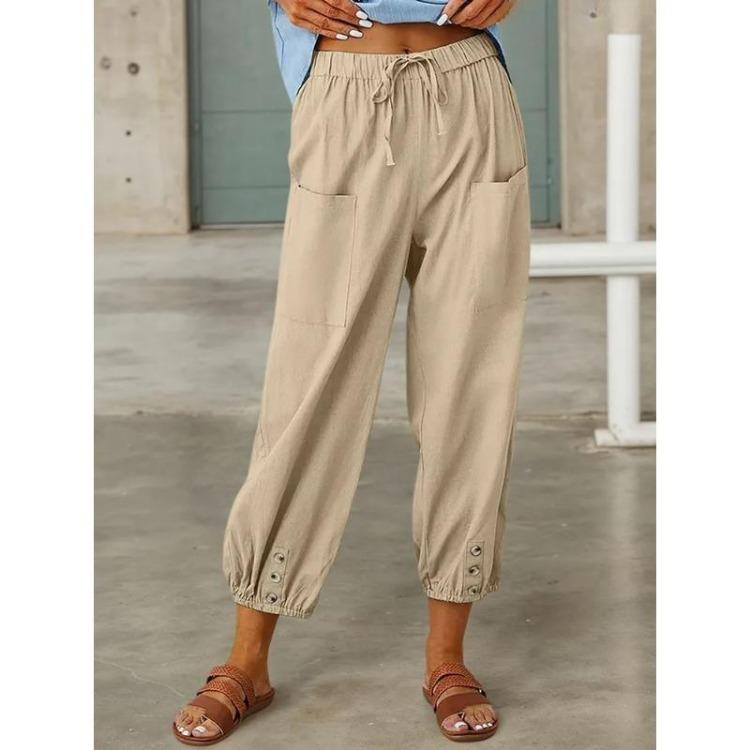 Осень Женские Хлопково-Льняные Эластичная Талия Высокая Посадка Широкие Штанины Свободные Прямые Брюки Однотонные Женские Брюки