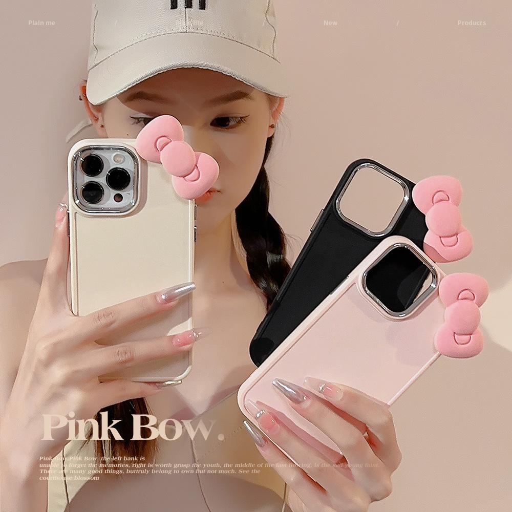 Cute Pink Bow Iphone17 Apple 16 Mobile Phone Case 11 Three-dimensional 13 Silicane 14 Promax Suitable for 12 Sets