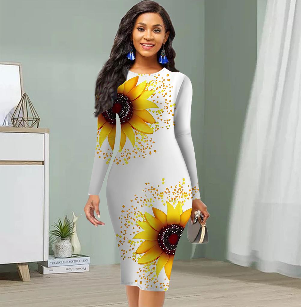 Длинный рукав, облегающее, офисное, облегающее, с принтом солнца и цветов, элегантное облегающее платье