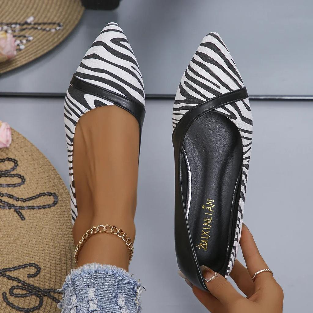 2024 Модные новые женские туфли на плоской подошве с полосками зебры и заостренным носком для женщин, дизайнерские повседневные туфли на плоской подошве Zapatos De Mujer
