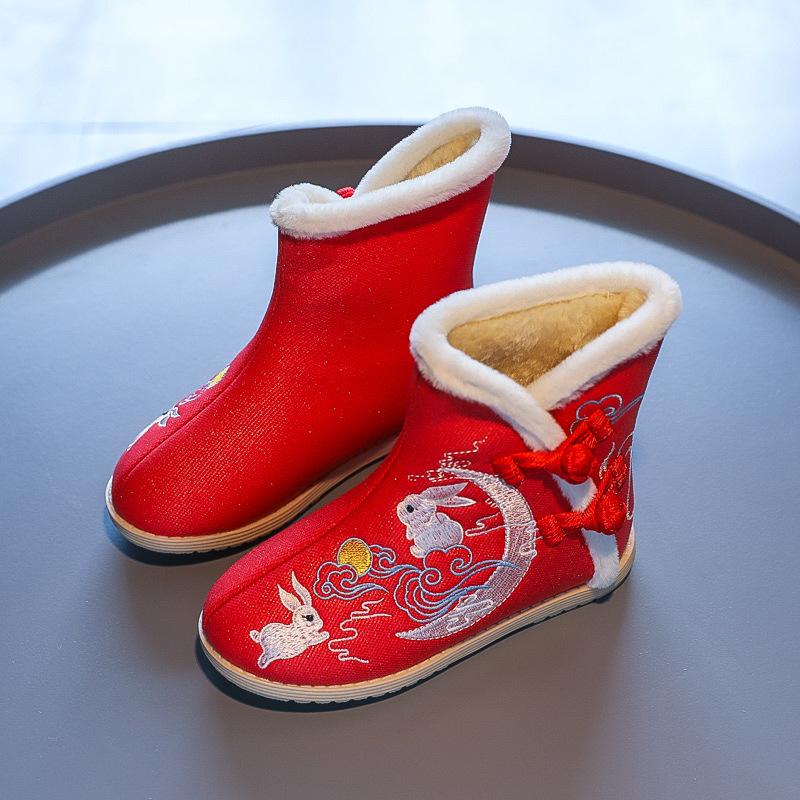 Детские хлопковые сапоги для девочек с вышитым кроликом 2024 года, детские зимние сапоги из теплого толстого плюша с мехом в китайском стиле
