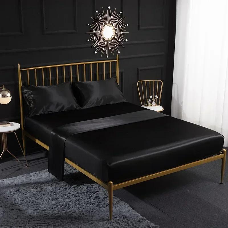 Роскошный атласный комплект постельного белья King Queen Size Простыня на резинке с наволочками Односпальный Двуспальный Домашний Однотонный Комплект постельного белья из искусственного шелка