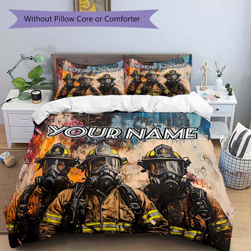 3PC Custom Name Firefighters Action Bedding Set Duvet Cover Closure Includes 1 Duvet Cover & 2 Pillowcases for Bedroom