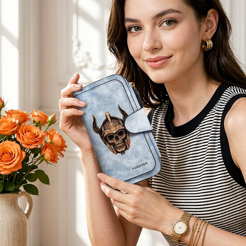 Viking Skull Long Wallet Retro PU Leather Card Holder Casual Multi Slot Coin Purse