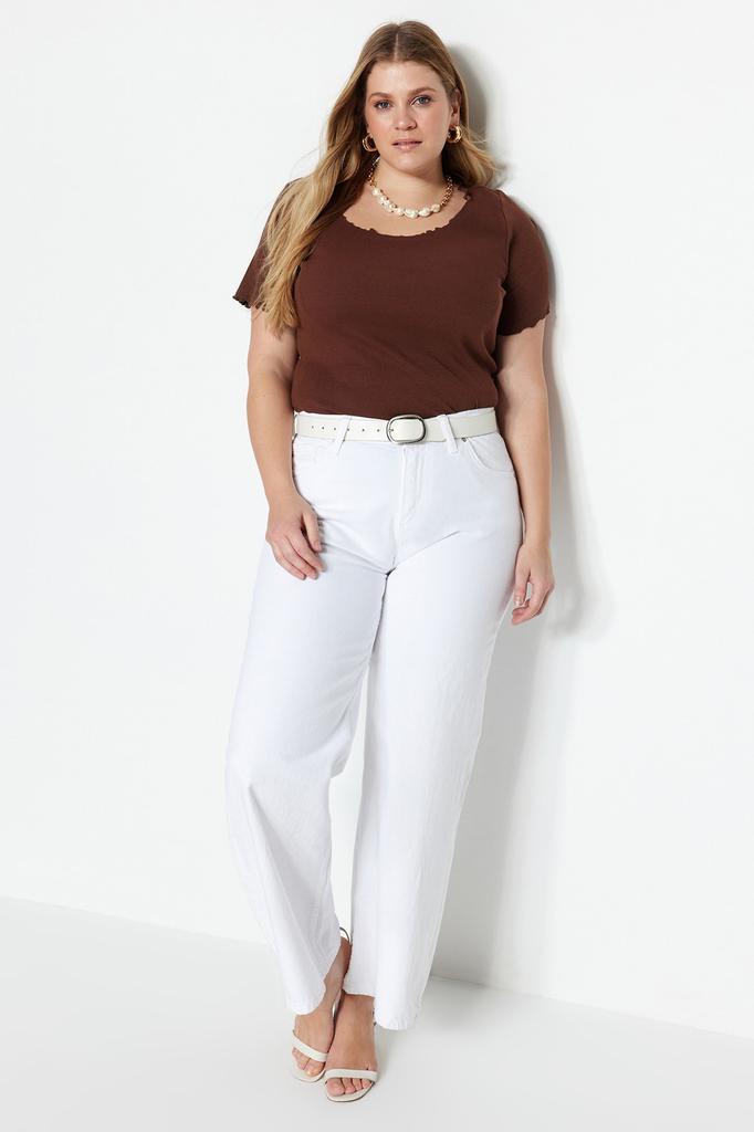 Women's Fashion New Big Size Blouse Stone Ribbed U-Neck Knitted T-Shirt