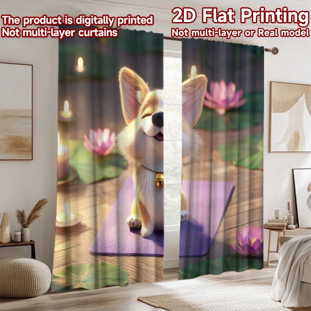 2D flat printing 2pcs Curtain Cute Corgi Yoga Zen Lotus Digital Printed Polyester Drapes Party Decorations Use for Indoor