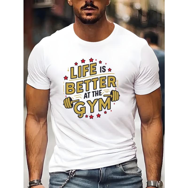 Европейский размер LIFE IS BETTER AT THE GYM Принт для тренировок, Мужская повседневная футболка с круглым вырезом и коротким рукавом, Универсальная удобная футболка для улицы на лето