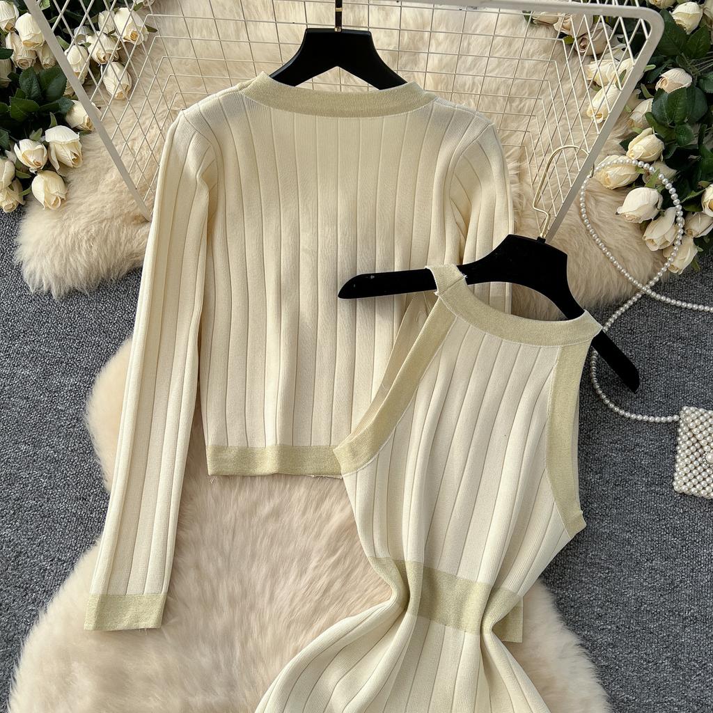 Autumn Winter Women Knitted Sweater Two Piece Set V-neck Jacket Coat and Sleeveless Long Midi Slim Bodycon Sheath Dress Suit