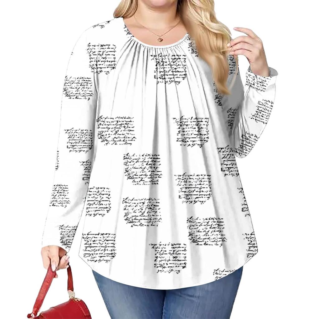 Women's Plus Size Fashion Printed Casual Pleated Round Neck Long Sleeve Top