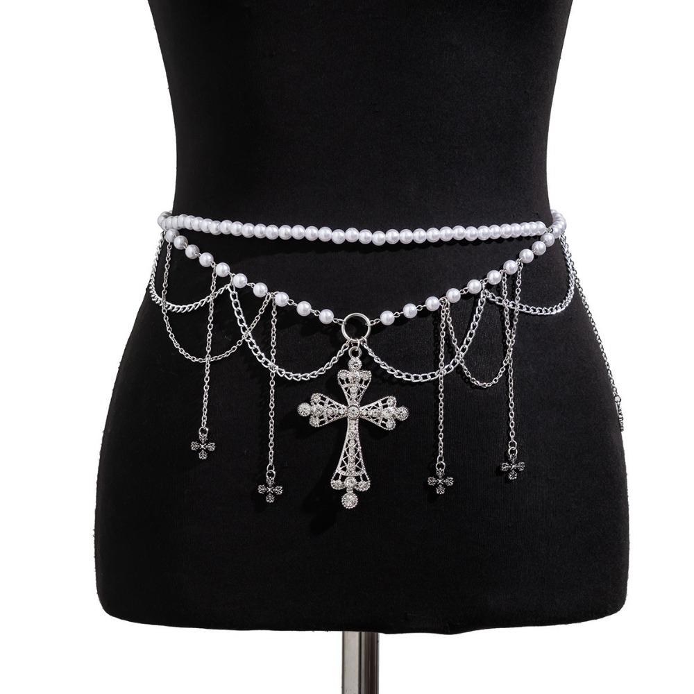 Acrylic Beads Cross Black Chain Belt Zinc Zinc Alloy Crystal Tassel Waistband Cool Girls