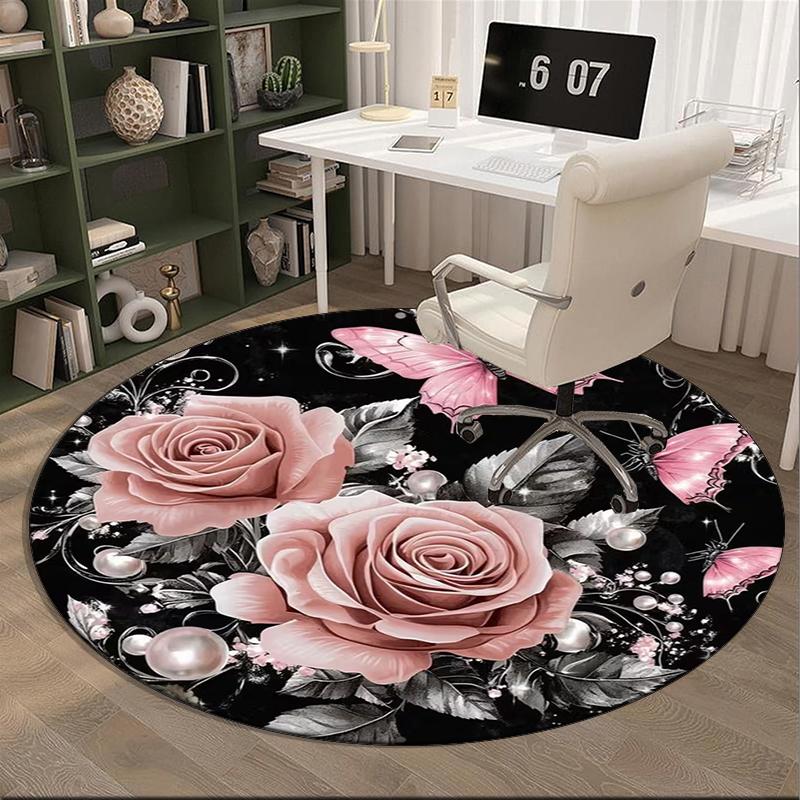 Pink Roses And Butterflies round carpet Chair cushion Round Entryway Rug, Soft Round Rugs for Living Room, Bedroom, Circle Carpet decor gifts