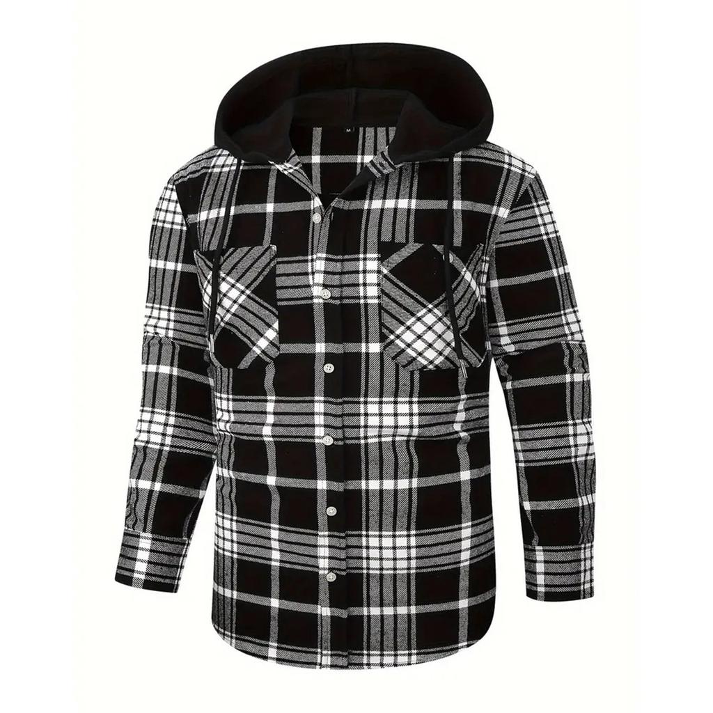 Мужская клетчатая рубашка с длинным рукавом, мужская толстовка с капюшоном и карманами на пуговицах