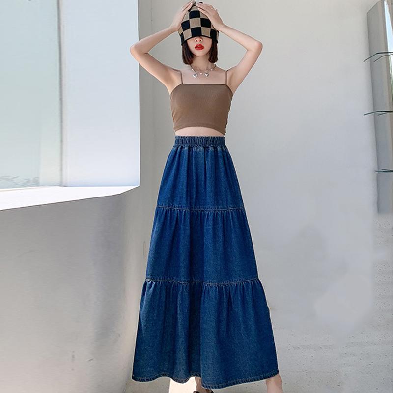 Cake Denim Skirt Women's Elastic High Waisted Solid Color A-line Skirt Commuting Harajuku Style 2025 Spring New Fashion