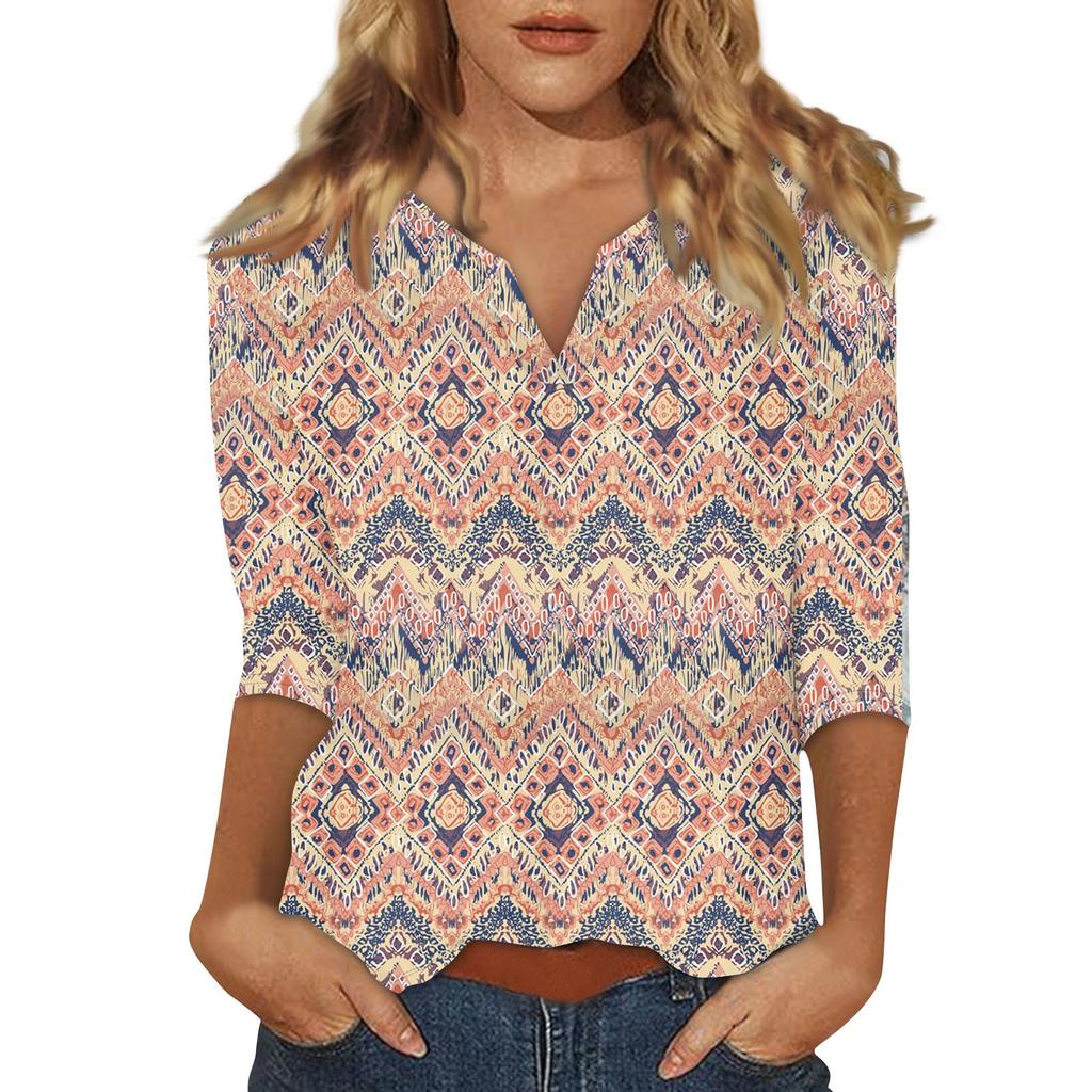 Women's Stand Collar 3/4 Sleeve Printed Top T-shirt