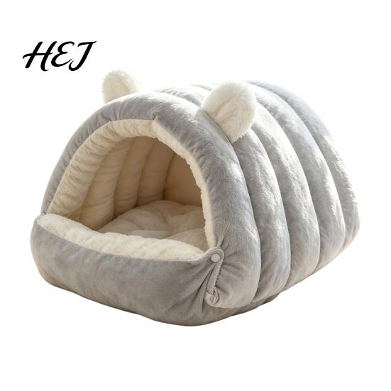 Plush Cat Bed Cave Bed, Warm Semi Enclosed Hideaway, Winter Sleeping Cozy Shelter Bag with Snap Buttons, Calming for Indoor Cats Washable Pet