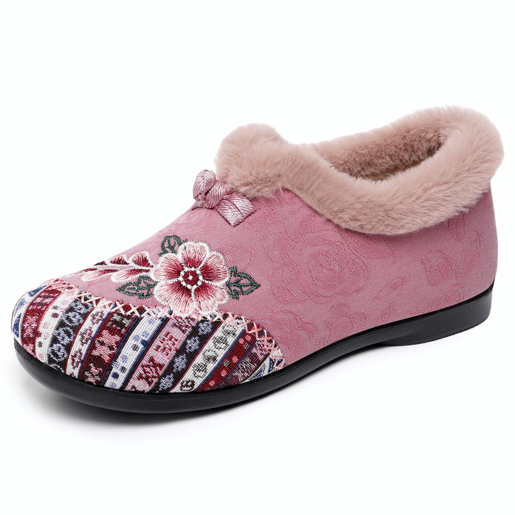 Women's Fleece-Lined Thickened Flat-Soled Embroidered Shoes for Middle-Aged and Elderly Women Chinese Ethnic Style Slip-On Mom Shoes