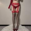 Сексуальные носки-боди с halter-топом, романтические шелковые носки, женские высокие носки, контрастная отделка, ультратонкие, с черным краем, красные, специя, черные шелковые носки