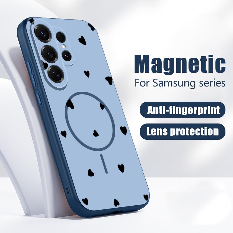Магнитный Чехол Для Magsafe Для Samsung Galaxy S26 Ultra S25 Edge S24 Plus S23 FE S22 A54 A55 A56 5G Черный С Рисунком Сердечки Матовый Чехол