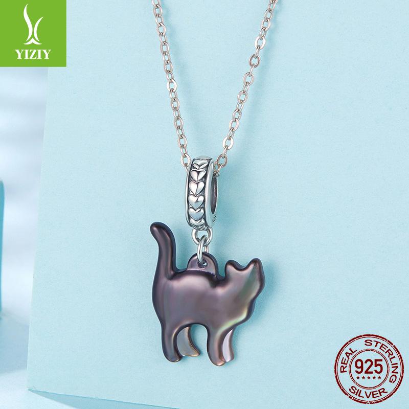 Подвеска из стерлингового серебра 925 пробы с эмалью и черным котом, персонализированные кошачьи бусины для DIY