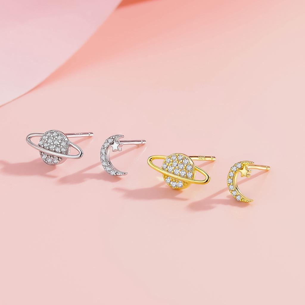 Серьги-гвоздики из серебра S925 пробы с асимметричным дизайном в виде звезды и луны, модные компактные серьги-планеты, изысканные серьги-сатурны