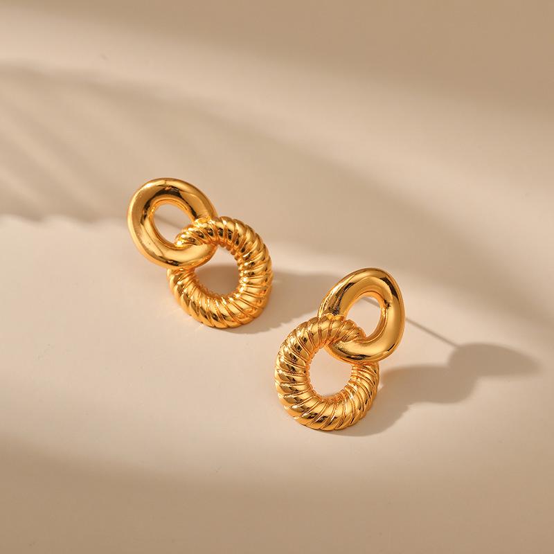 French Vintage Retro Double Ring Hollow 18k Gold Plated Copper Stud Earrings For Women
