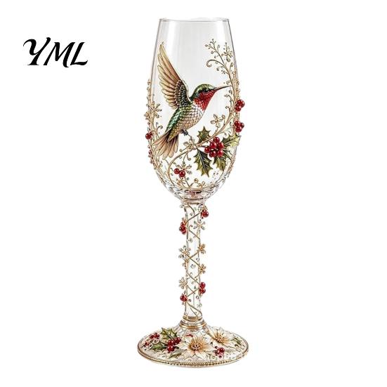 Decorative Desktop Ornaments Hand-painted Wine Glass, Bird And Floral Pattern Design Stem Goblet, Drinking Cups Artistic Crystal Borosilicate