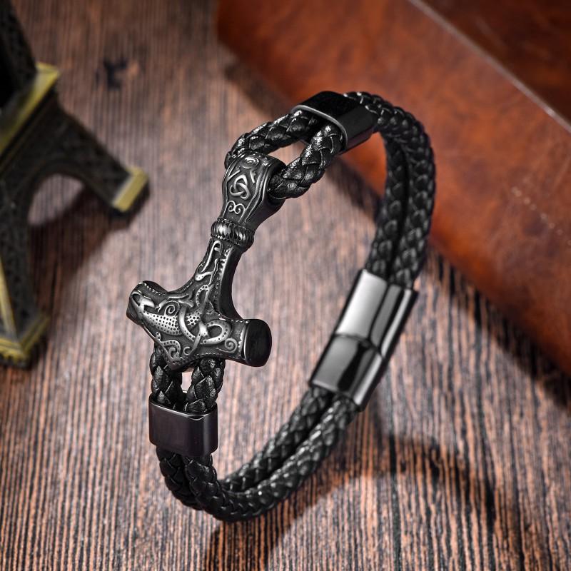Stainless Steel Braided Leather Mens Bracelet Viking Style Geometric Design Retro Fashion Accessory
