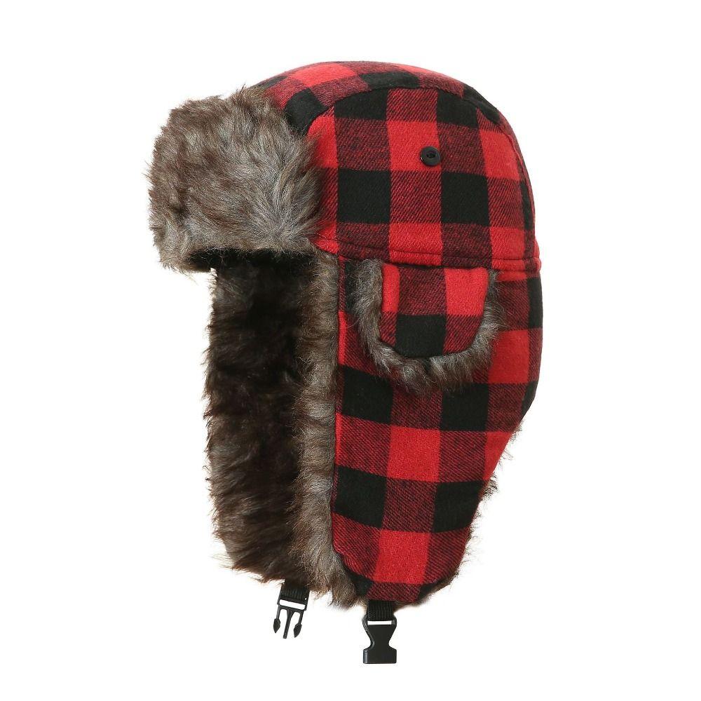Windproof Winter Bomber Hats Square Grid Pattern Winter Ski Caps Thick Balaclava for Men Women