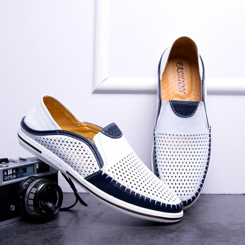 Fashion Summer Men Casual Leather Flat Designer Shoes New Fashion Hollow Out Breathable Boat Shoes Italian Brand Outdoor Driving Loafers