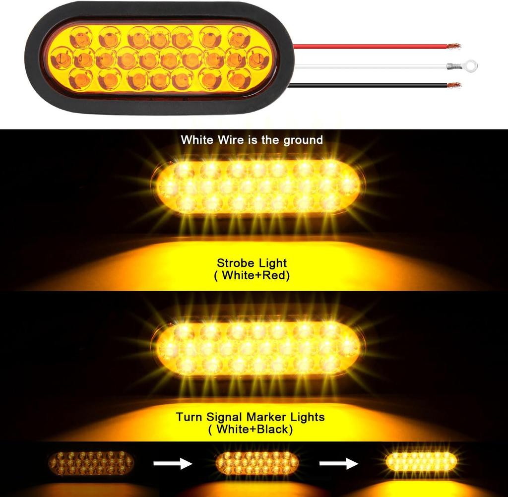 6PCS 6' Oval Amber LED Strobe Trailer Tail Lights with Rubber Grommet & 3-Prong Wires