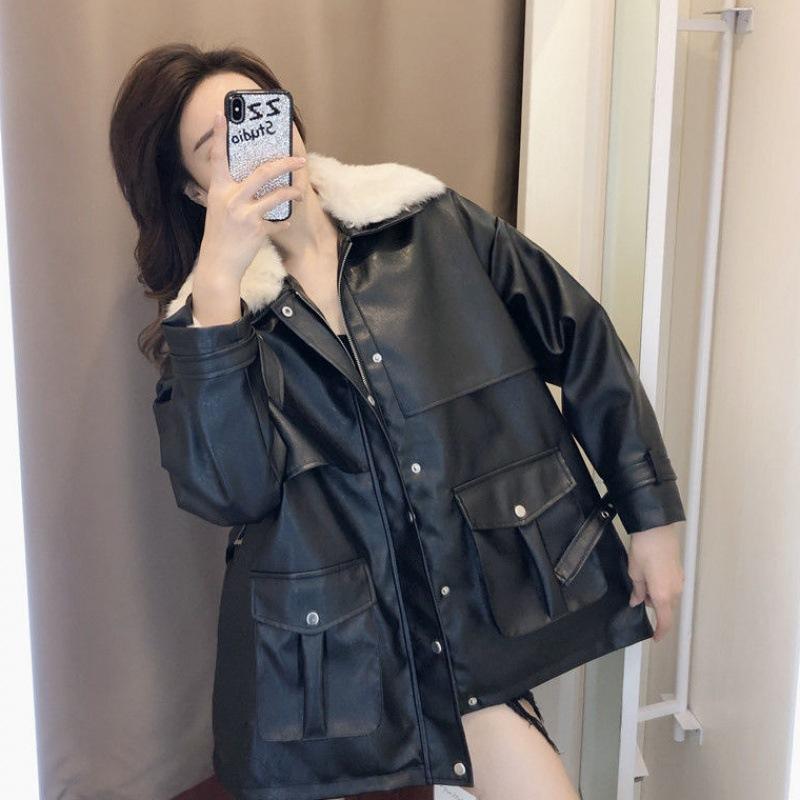 Leather Jacket Women's Mid-length Winter New Korean Style Loose Cotton Jacket Plus Velvet Thickened Motorcycle Popular PU Leather Jacket