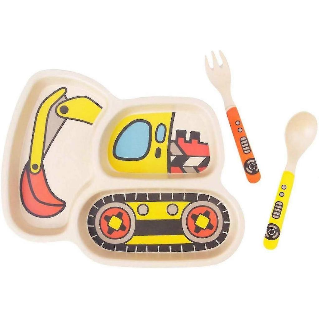 Kid Plate Set Bamboo Toddler Plates Dinnerware Dinner Dish Set Baby Feeding Spill Proof Divided Plate-baby Spoon And Fork 3-piece Set