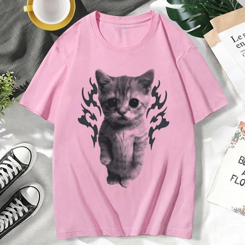 Summer Fashion Streetwear Oversized Tshirts YK Goofy Cat Funny Meme T Shirt Unisex Women Os Vintage Style Short Sleeves Tshirt