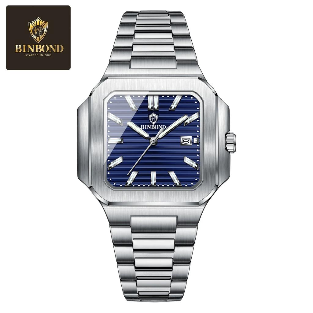 BINBOND Brand Luxury Classic Square Sport Man Wristwatch Waterproof Luminous Quartz Male Watches Stainless Steel Men Watch Reloj