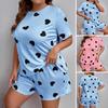2 Pcs/Set Women Summer Pajamas Cartoon Heart Print Round Neck Short Sleeve T-shirt Elastic Waist Shorts