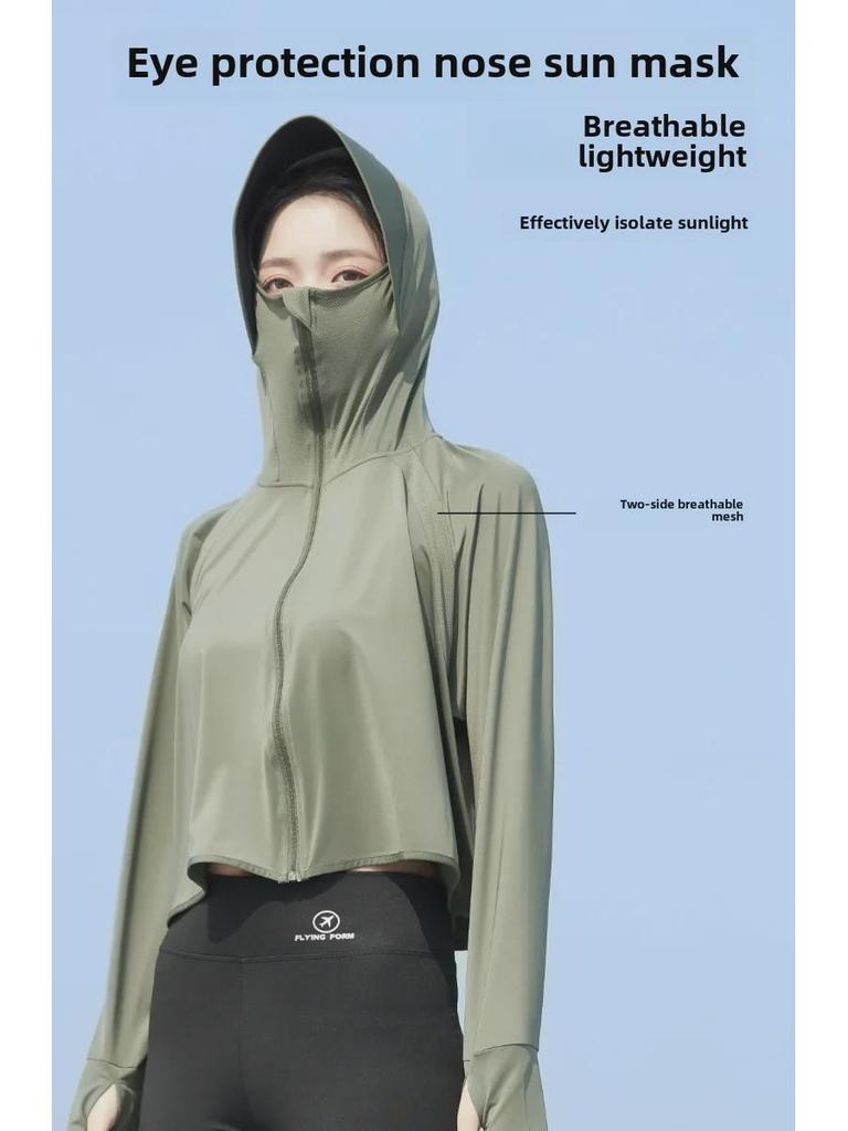 Женская черная куртка Ice Silk с капюшоном 2024 года — дышащая, с защитой от ультрафиолета и солнца