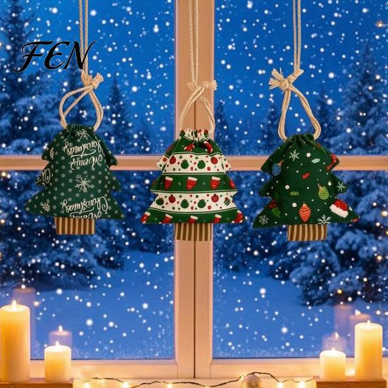 Drawstring Storage Pouches Christmas Tree Shaped Gift Bags with Drawstring, Reusable Holiday Fabric Bags, Party Favors Winter Goodie for Present