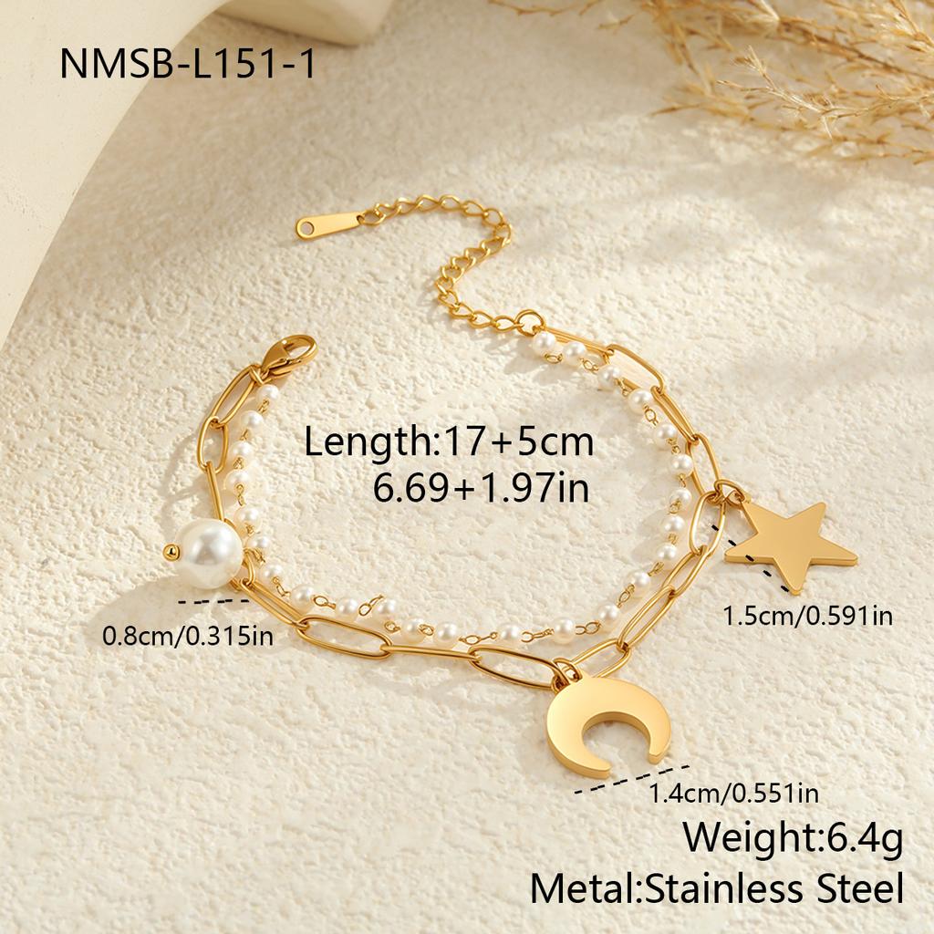 GEMCHIC Women's Double Layer Titanium Steel Bracelet with Star Moon Pendant and Faux Pearl