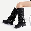 Fashion Punk Style Rivets Belt Buckle Design Knee Boots Women Fashion Round Toe Narrow Band Knight Boots Comfort Non-slip Platform Boots