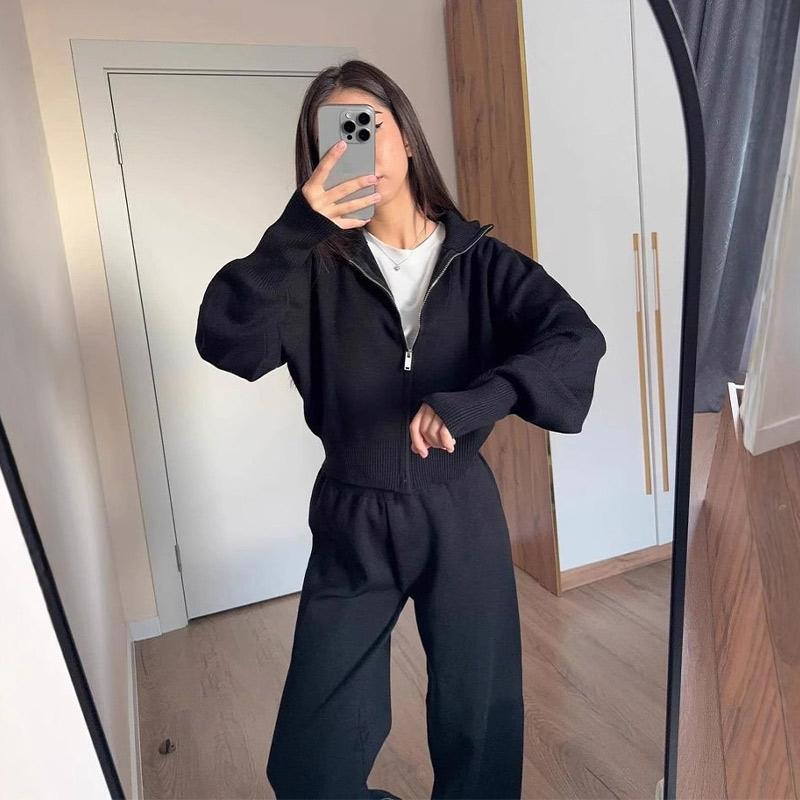Повседневная куртка на молнии, пригородный костюм, простая однотонная уличная одежда, длинные брюки, комплекты из двух предметов для женщин, весна-осень