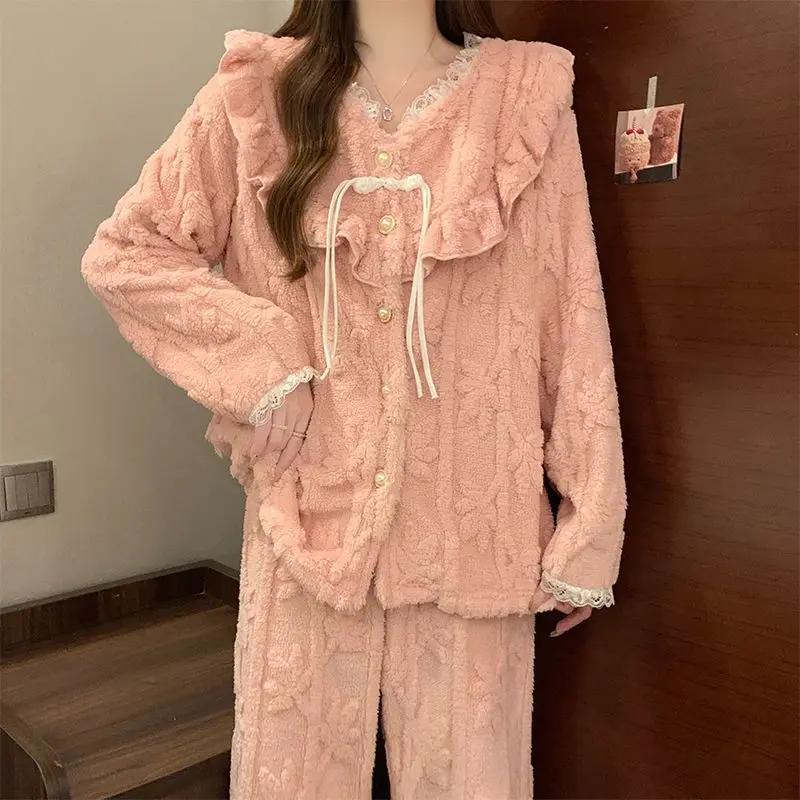 Зимняя утепленная фланелевая пижама с длинными рукавами для женщин в корейском стиле, симпатичная кружевная коралловая бархатная пижама, домашняя одежда