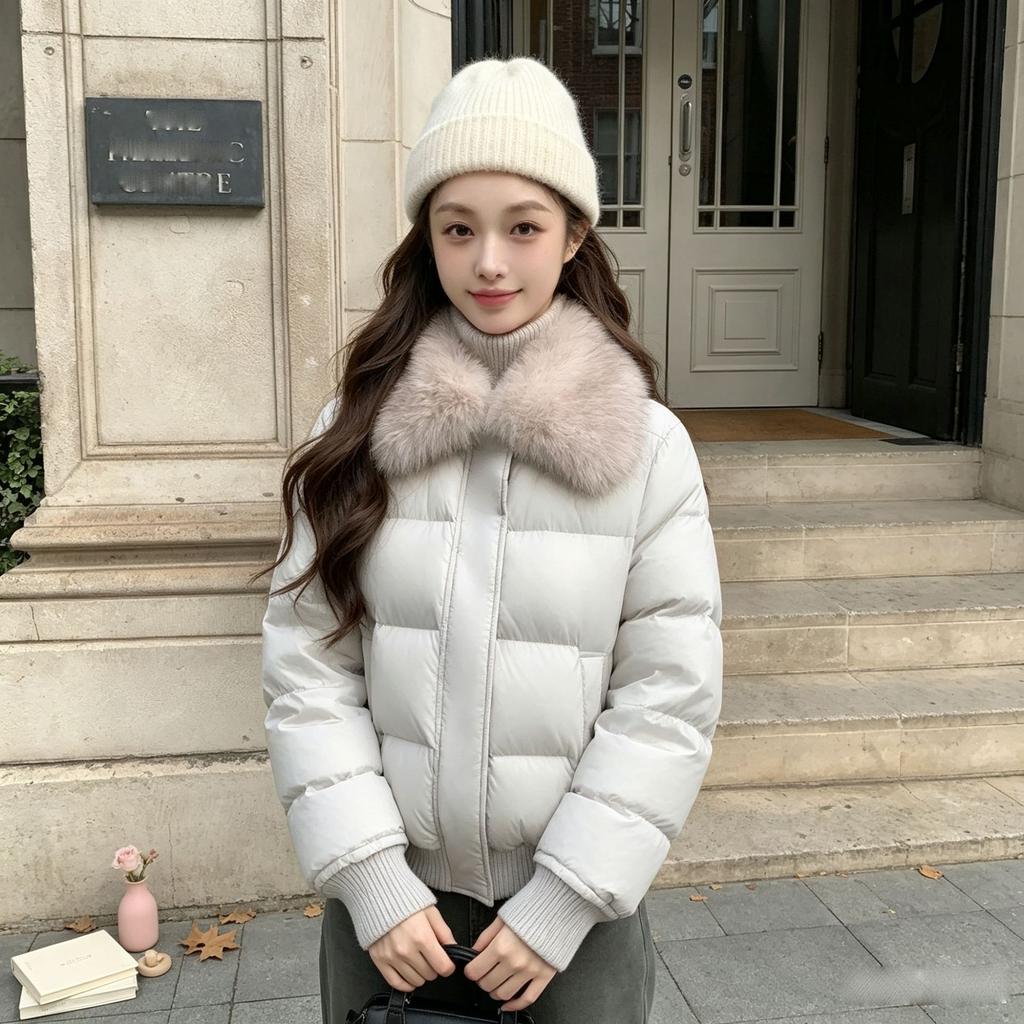 Gray short puff down jacket women's winter new small removable fur collar white duck down jacket