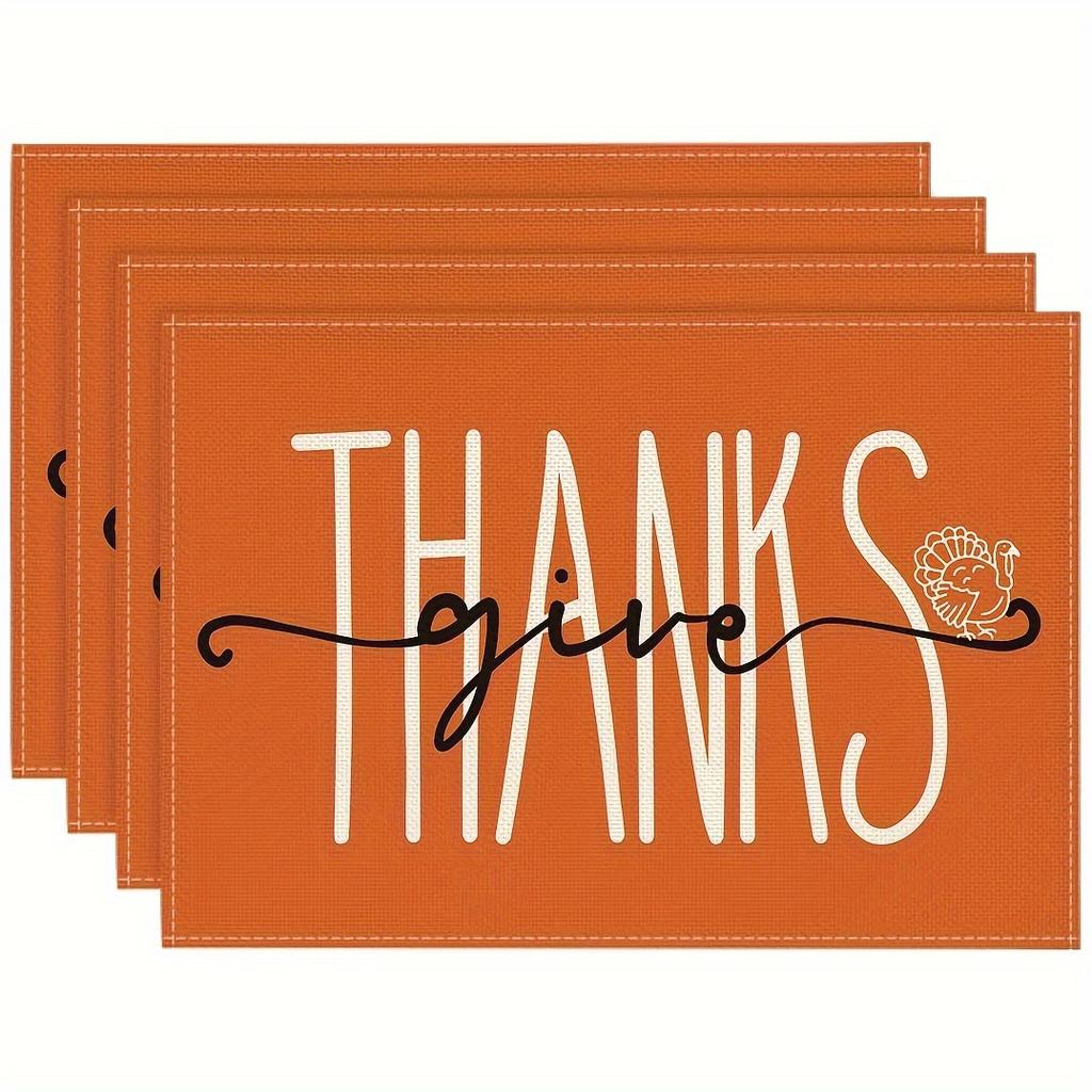 4 Piece Set "Give Thanks" Place Mat Turkey Pattern for Thanksgiving Kitchen or Party Table Decor