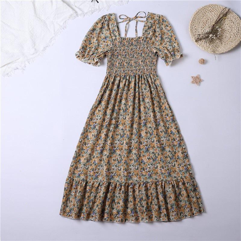 Spring Summer Pleated Women Square Collar Chiffon Dresses Casual Beach Holiday Short Sleeve Square Collar Woman Midi Dress Bohemian Mujer Vestidos