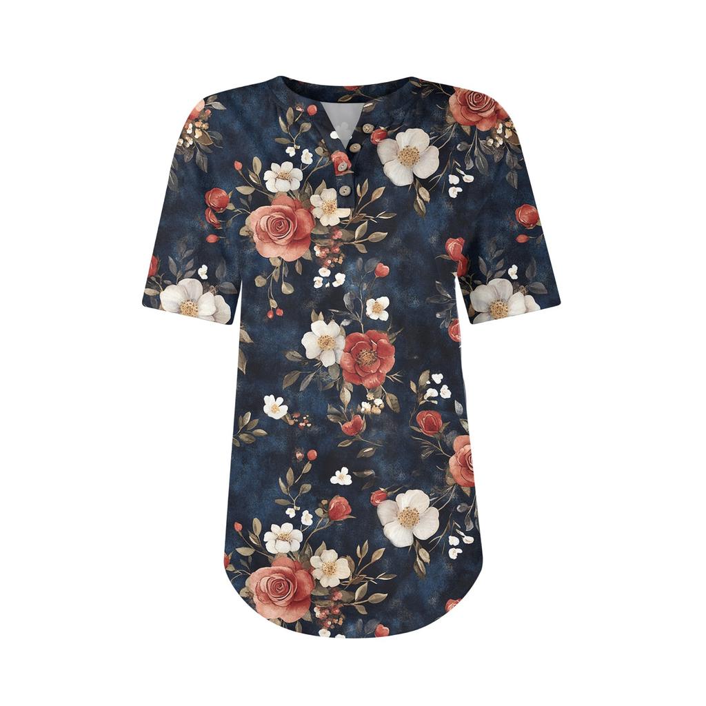 Short Sleeve Womens Tops Summer T-Shirts Floral Print V Neck Casual Basic Tee Button Shirts Tunic Tops