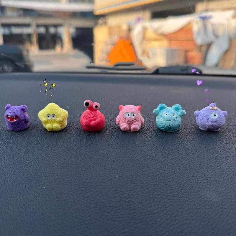 6Pcs Cute Fuzzy Monster Colorful Mini Cartoon Figurines Car Dashboard Ornaments for Child Small Gifts