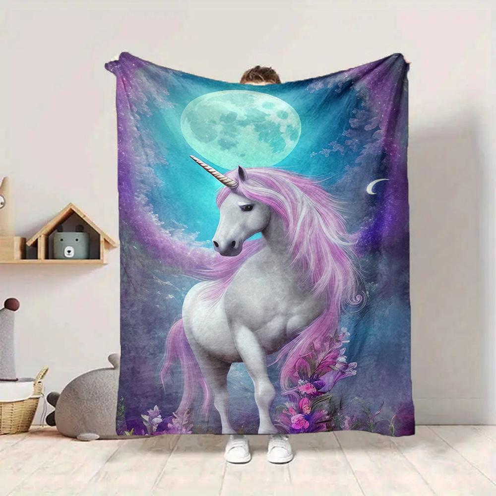 1Pc Unicorn Moonlit Fantasy Blanket Soft And Comfortable Casual Warm Camping Travel Christmas Halloween Xmas Gift M928480