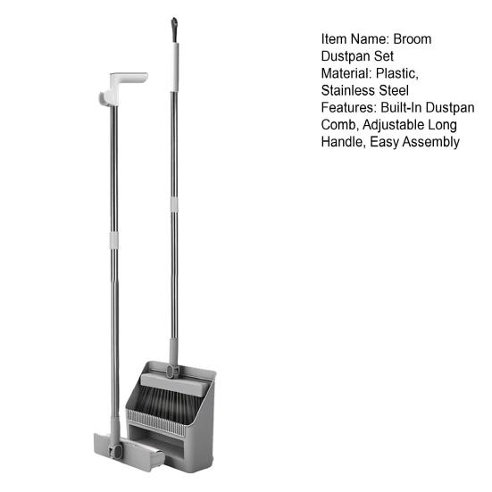 3-in-1 Broom Dustpan Set with Built-in Comb Teeth Long Handle Adjustable Extension Poles Retractable Floor