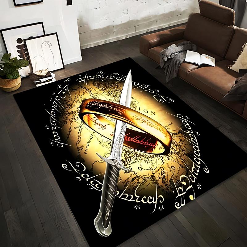 "Fantasy Style Carpet with Ring, Sword, and Elvish Text Motif" Suitable for use as an anti-slip for living room bedroom sofas