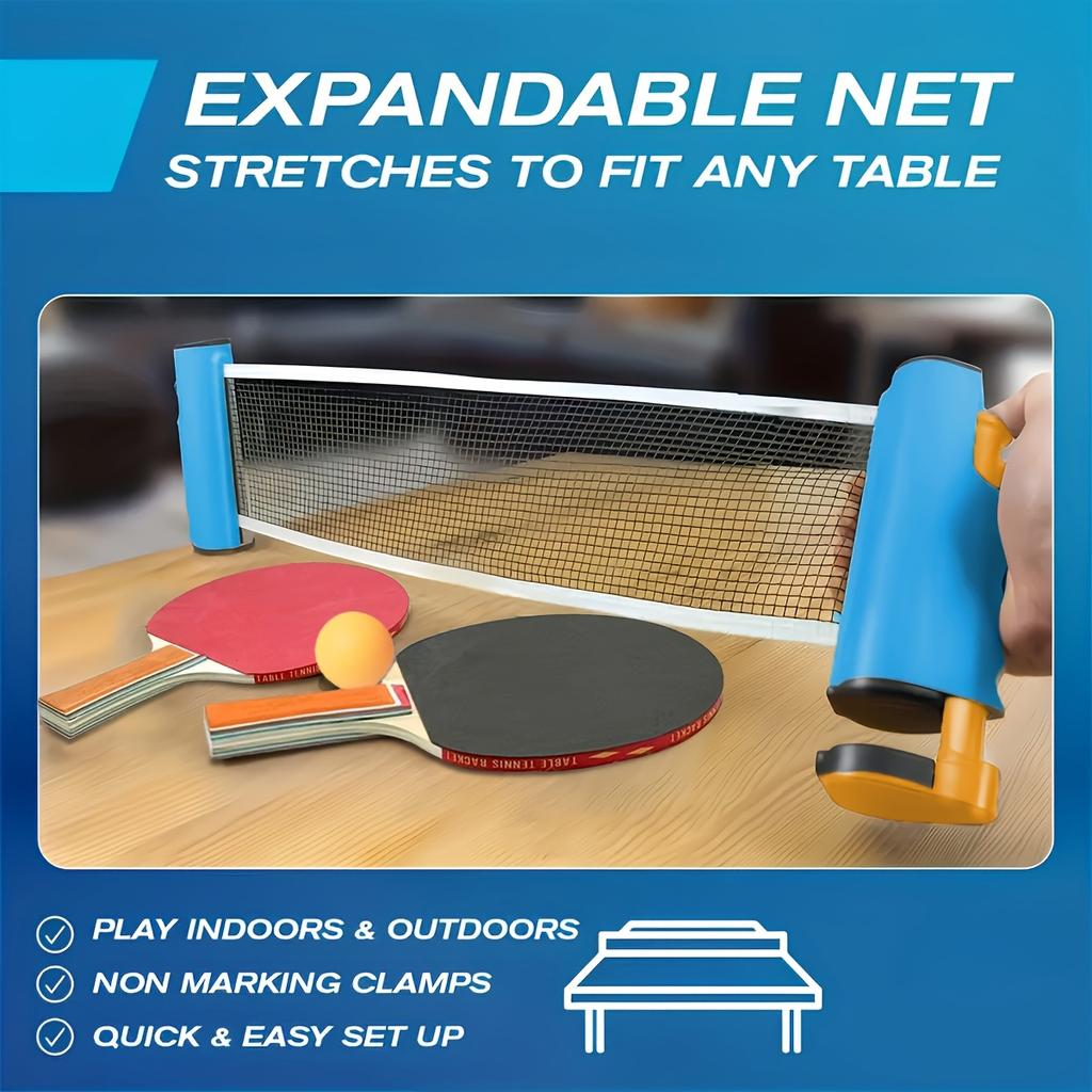 Portable Table Tennis Training Set Includes Blue Retractable Ball Net 2 Table Tennis Rackets and 3 Table Tennis Balls